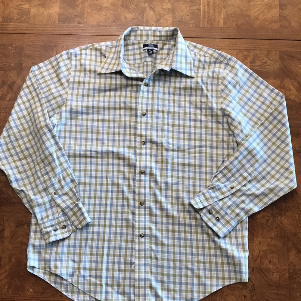 Denver Hayes Never Iron Green and Blue Plaid Button Down Shirt Size Large